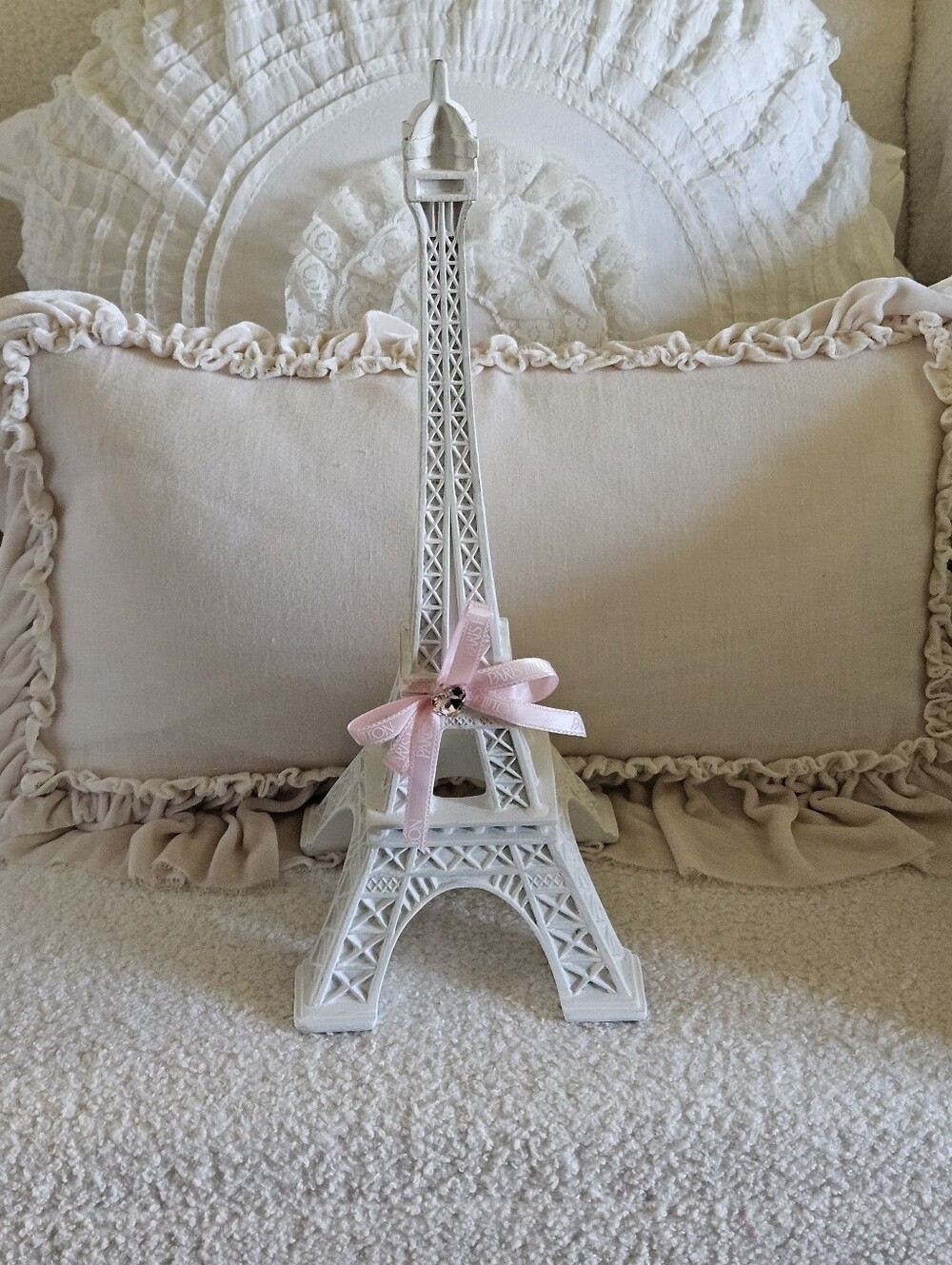 Decorative White Eiffel Tower Accent with Pink Ribbon